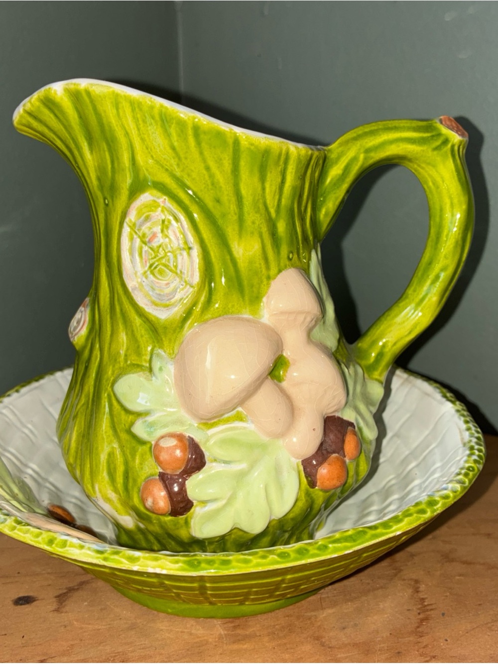 Hand-Painted Green Ceramic Pitcher and Bowl Set with Woodland Motif